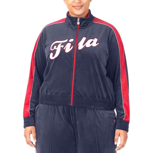 Fila Women's Valery Logo Zip Front Velour Jacket Blue/Red 4X - Picture 1 of 3